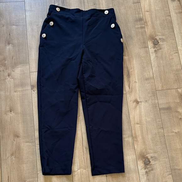 4/$25 RACHEL ZOE Pull On Navy Blue Trouser Pants Gold Buttons Elastic Waist Sz 8 - Picture 1 of 6